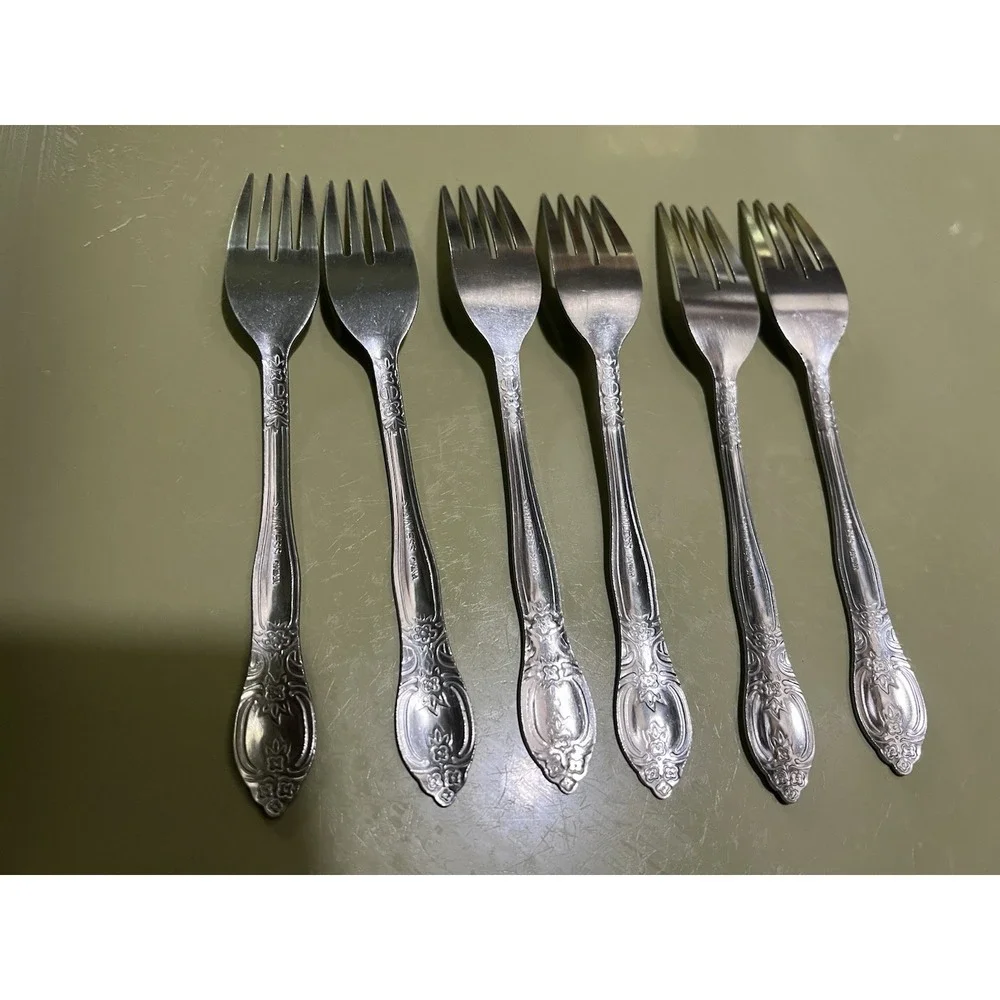 Set of 6 Stainless China dinner Forks Floral Leaves Scroll